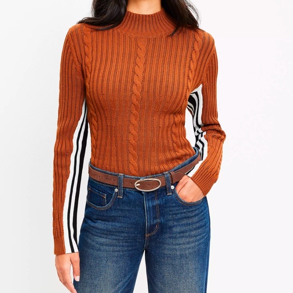 LOFT Side Striped Cable Mock Neck Sweater - Picture 2 of 7